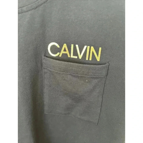 Calvin Klein Navy Blue Tshirt Dress Pocket Metallic Logo Cotton Knee Length Sz M - Picture 3 of 7